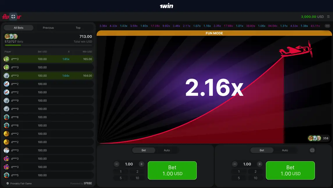 Aviator game on the 1Win betting site