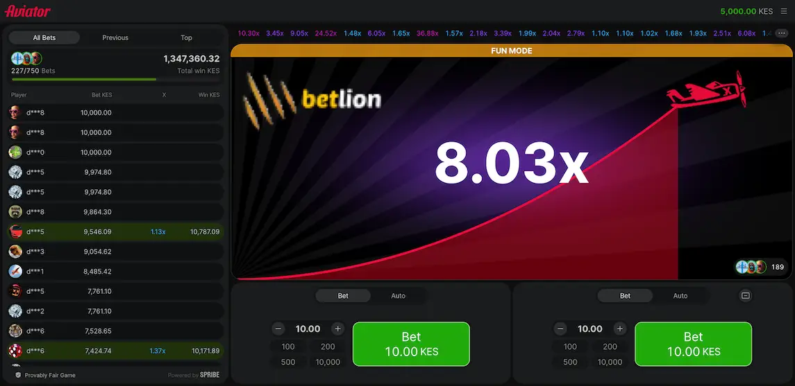 Aviator game on the Betlion betting site