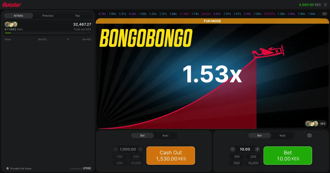 Play Aviator on the BongoBongo Kenya betting site