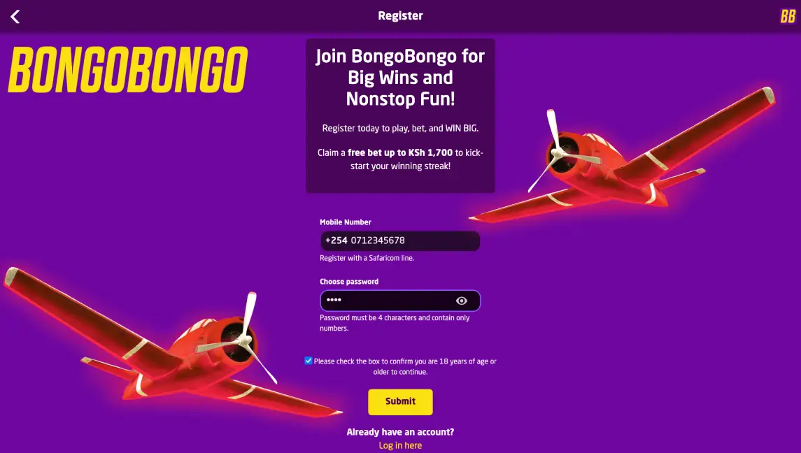 Registration on the BongoBongo Kenya betting site