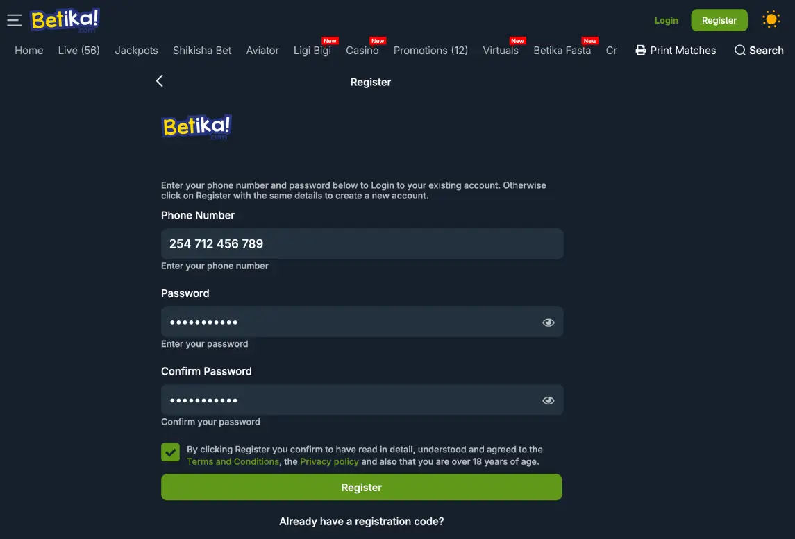 Registration on the Betika betting site