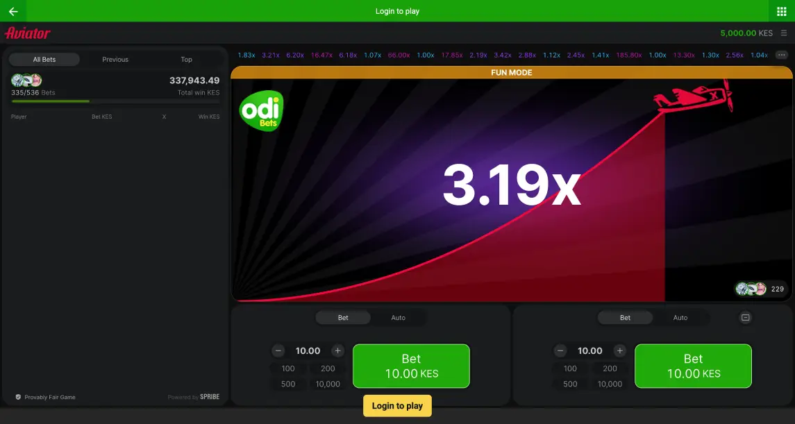 Play Aviator Odibet online