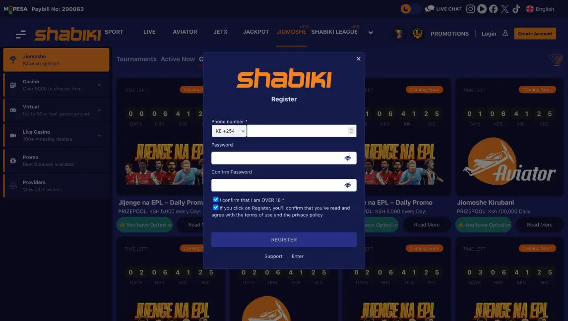 Registration on the Shabiki betting site