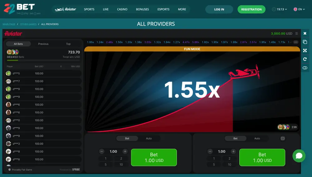Play 22BET Aviator online