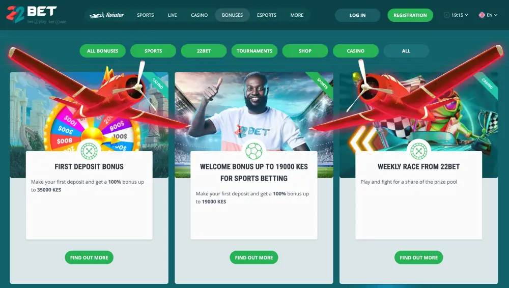 Bonuses for playing Aviator on the 22BET website