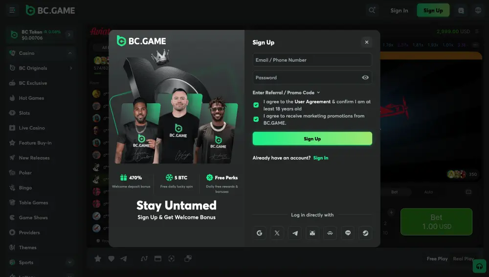 Registration on the official BC.GAME website